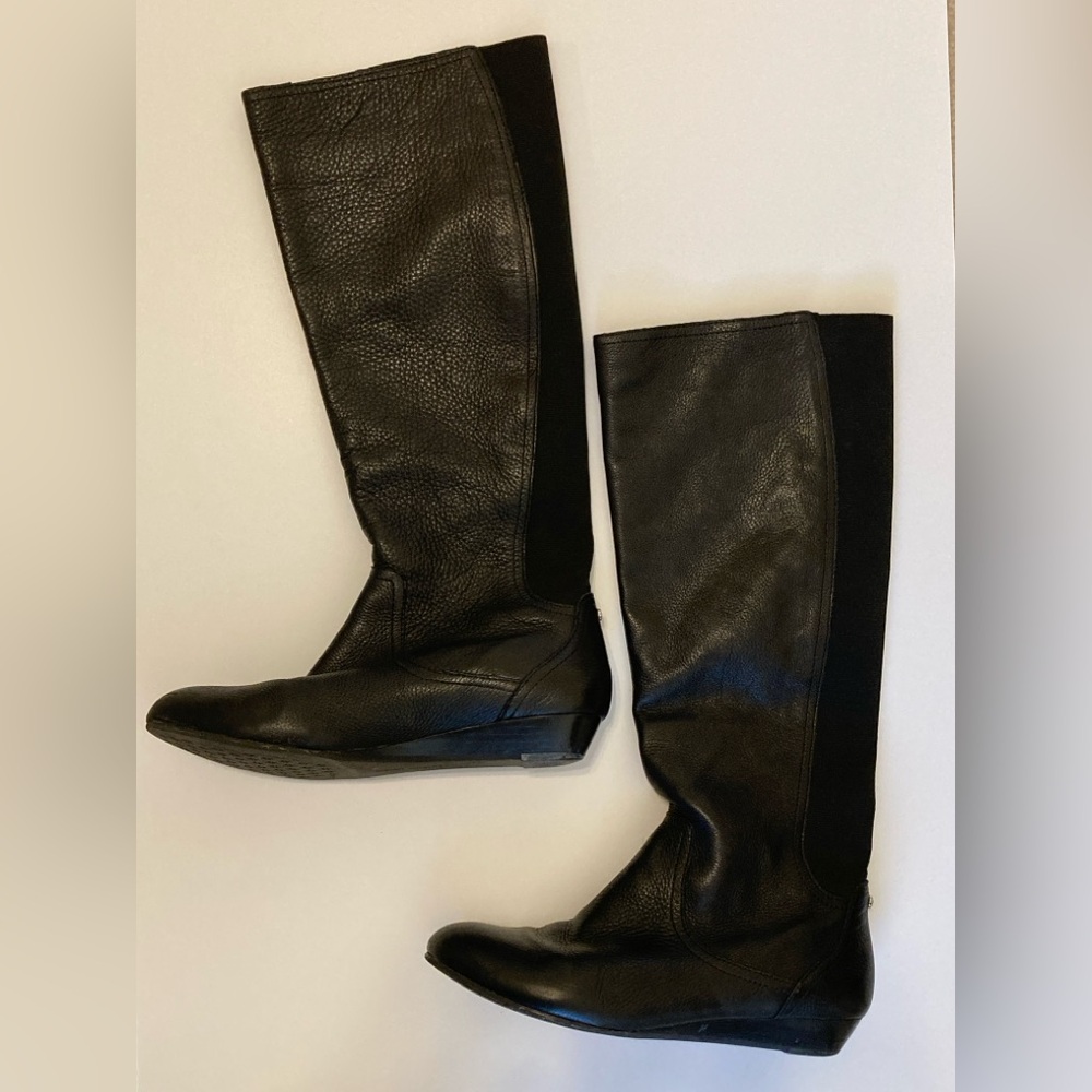 Antonio Melani Black Leather Pull-On Boots Size 8 Wedge Heel Tall Boots